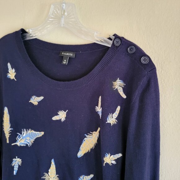 Talbots Sweater Women's XL Blue Embroidered Feathers Button Shoulder Boho - Picture 4 of 8